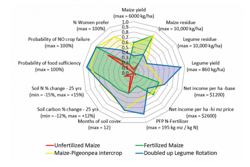 Comparison of maize and maize/legume technologies in Golomoti, Malawi, across all five domains utilizing data from Africa RISING trials, surveys, and crop models.